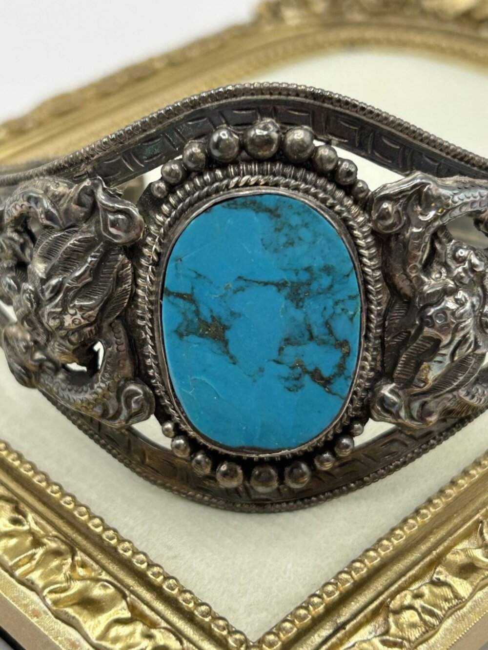 VTG Chinese Sterling Silver Dragon Turquoise Cuff Bracelet Western Blue Asian - Picture 5 of 16